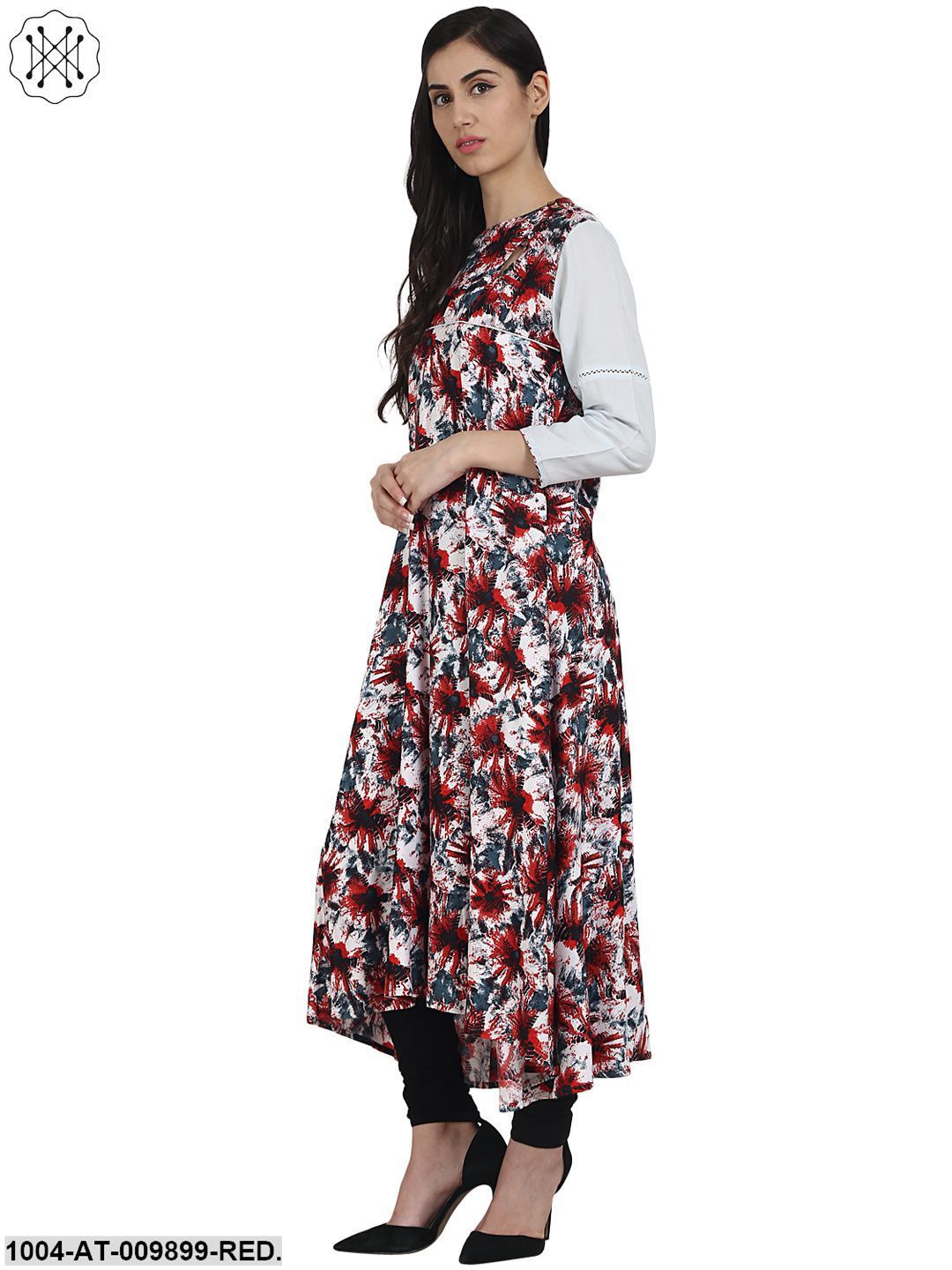 Red Printed 3/4Th Sleeve Rayon Anarkali Kurta