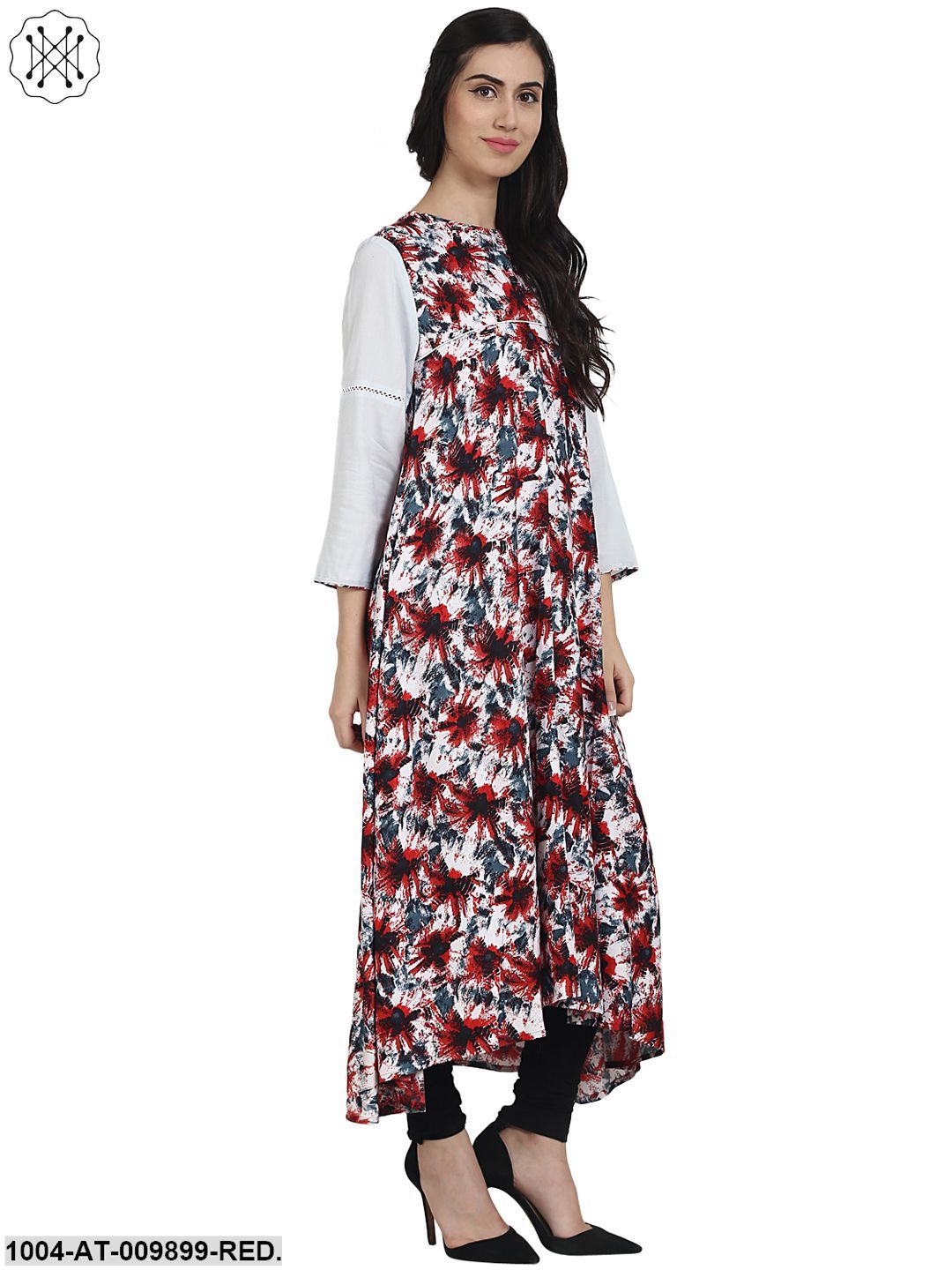 Red Printed 3/4Th Sleeve Rayon Anarkali Kurta