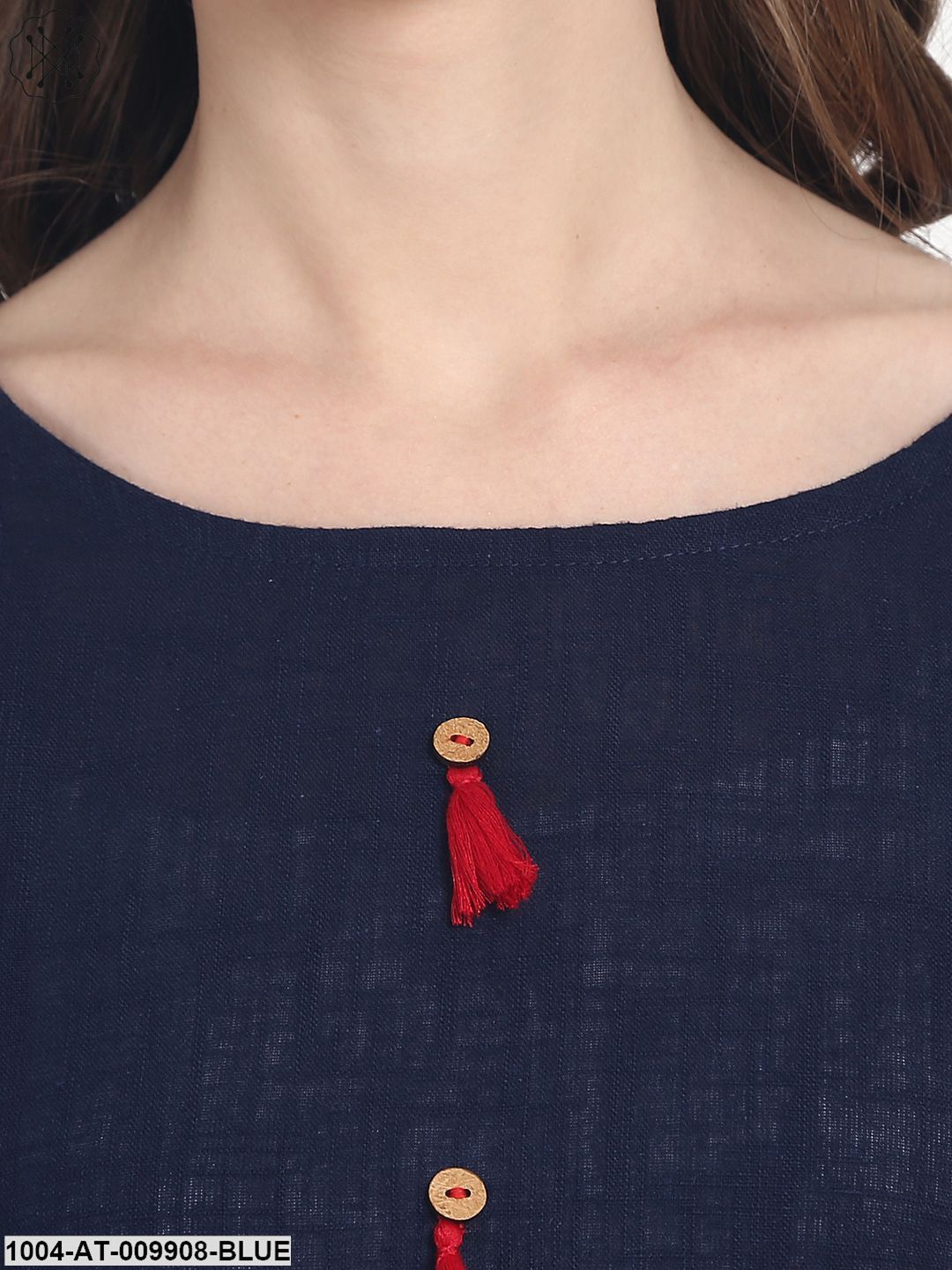 Blue 3/4 Sleeve Cotton A-Line Kurta With Tussle Work