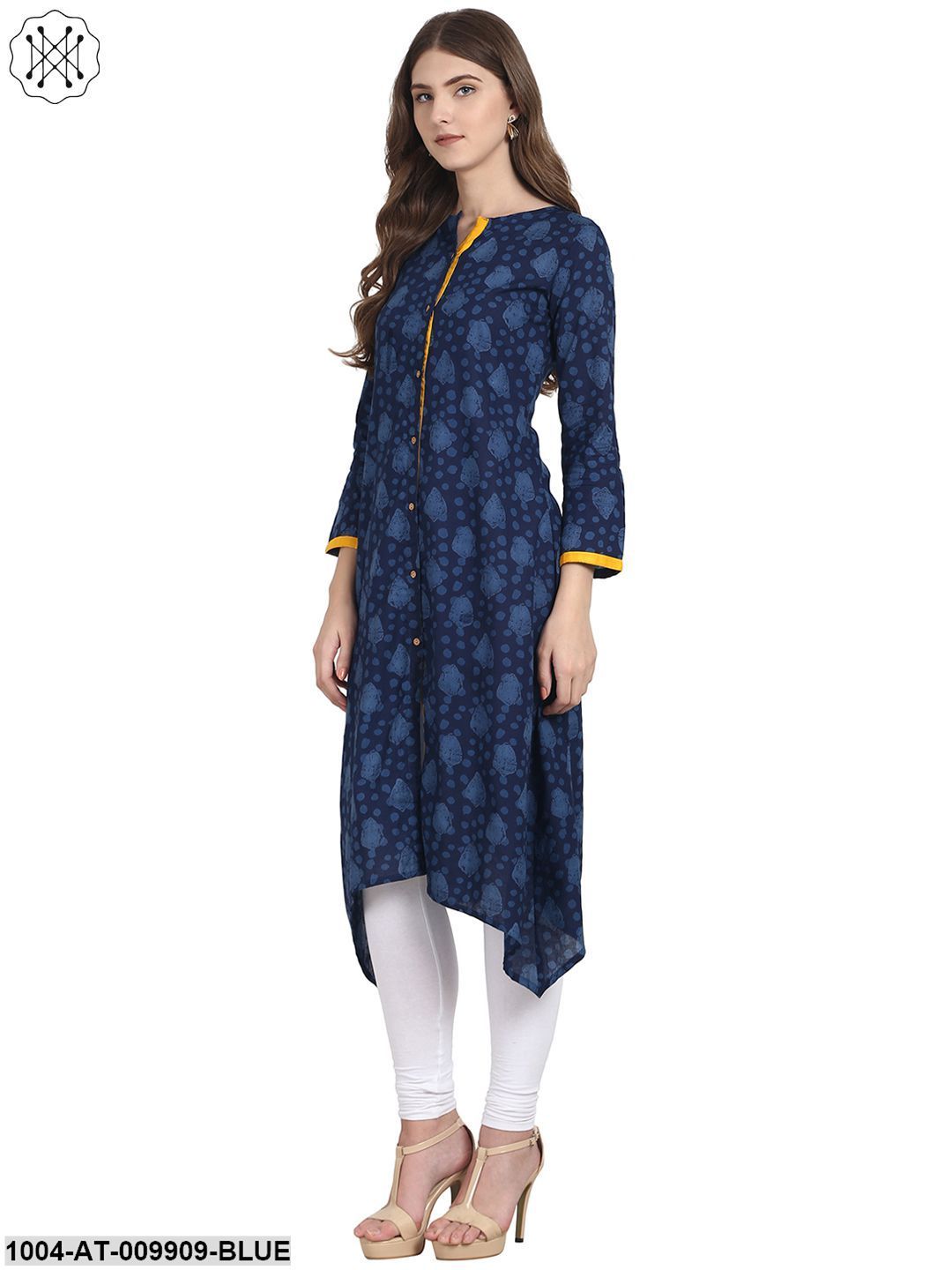 Blue Printed 3/4 Sleeve Cotton Front Open Kurta