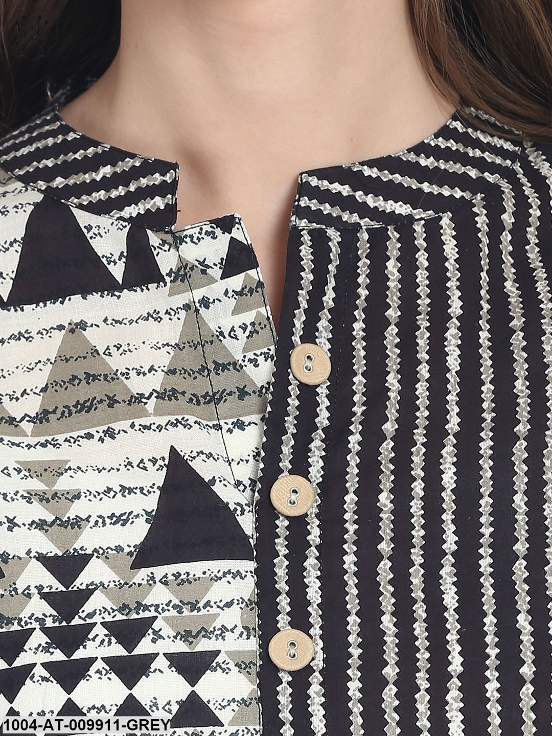 Grey Printed 3/4 Sleeve Cotton A-Line Kurta