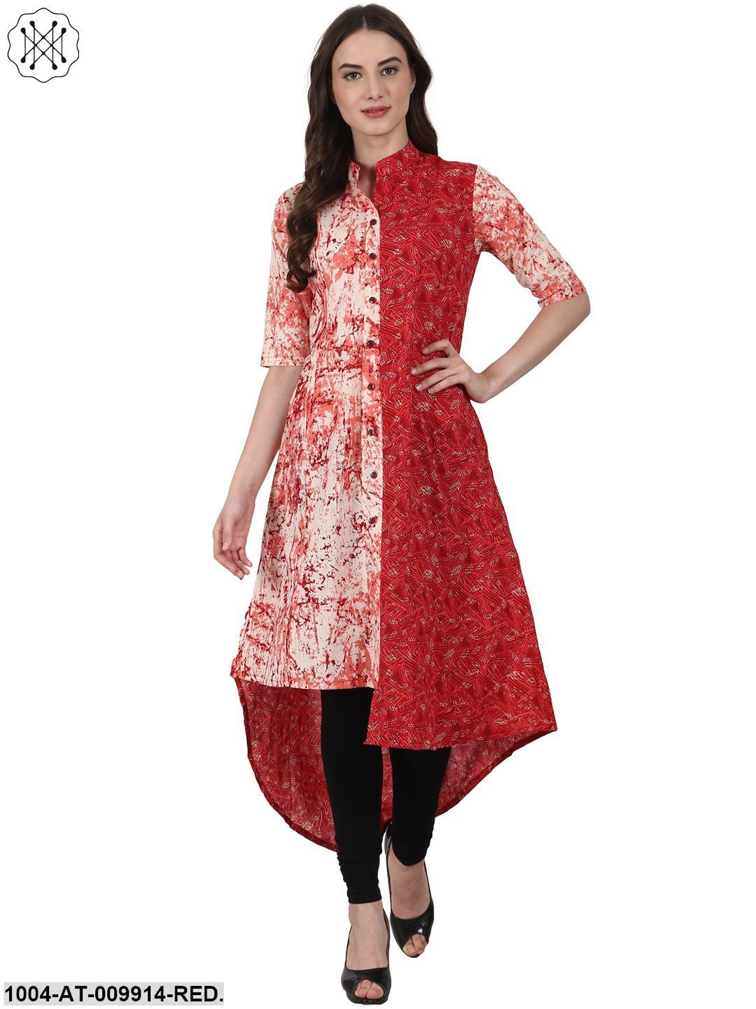 Red Printed Half Sleeve Low High Cotton Kurta