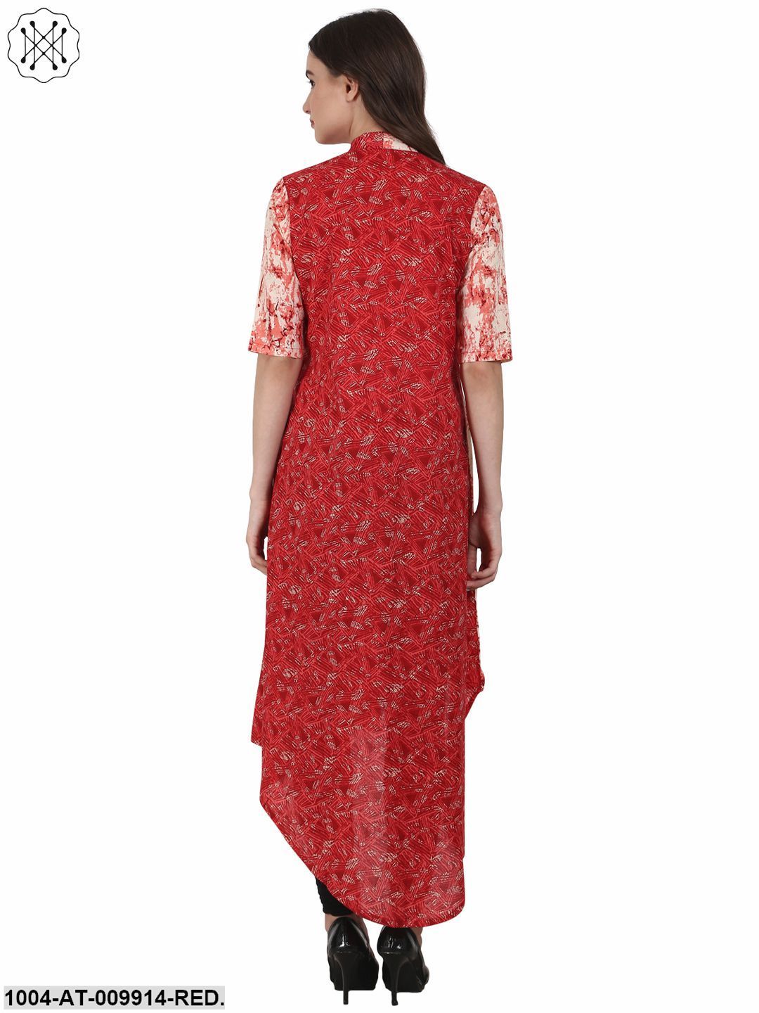 Red Printed Half Sleeve Low High Cotton Kurta