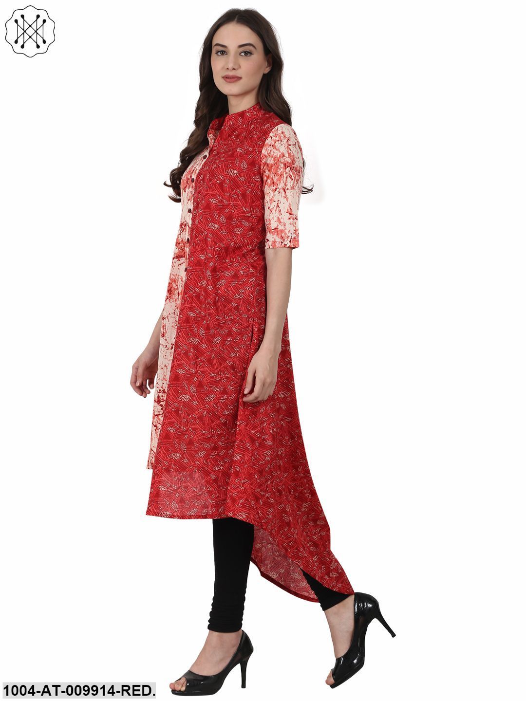 Red Printed Half Sleeve Low High Cotton Kurta