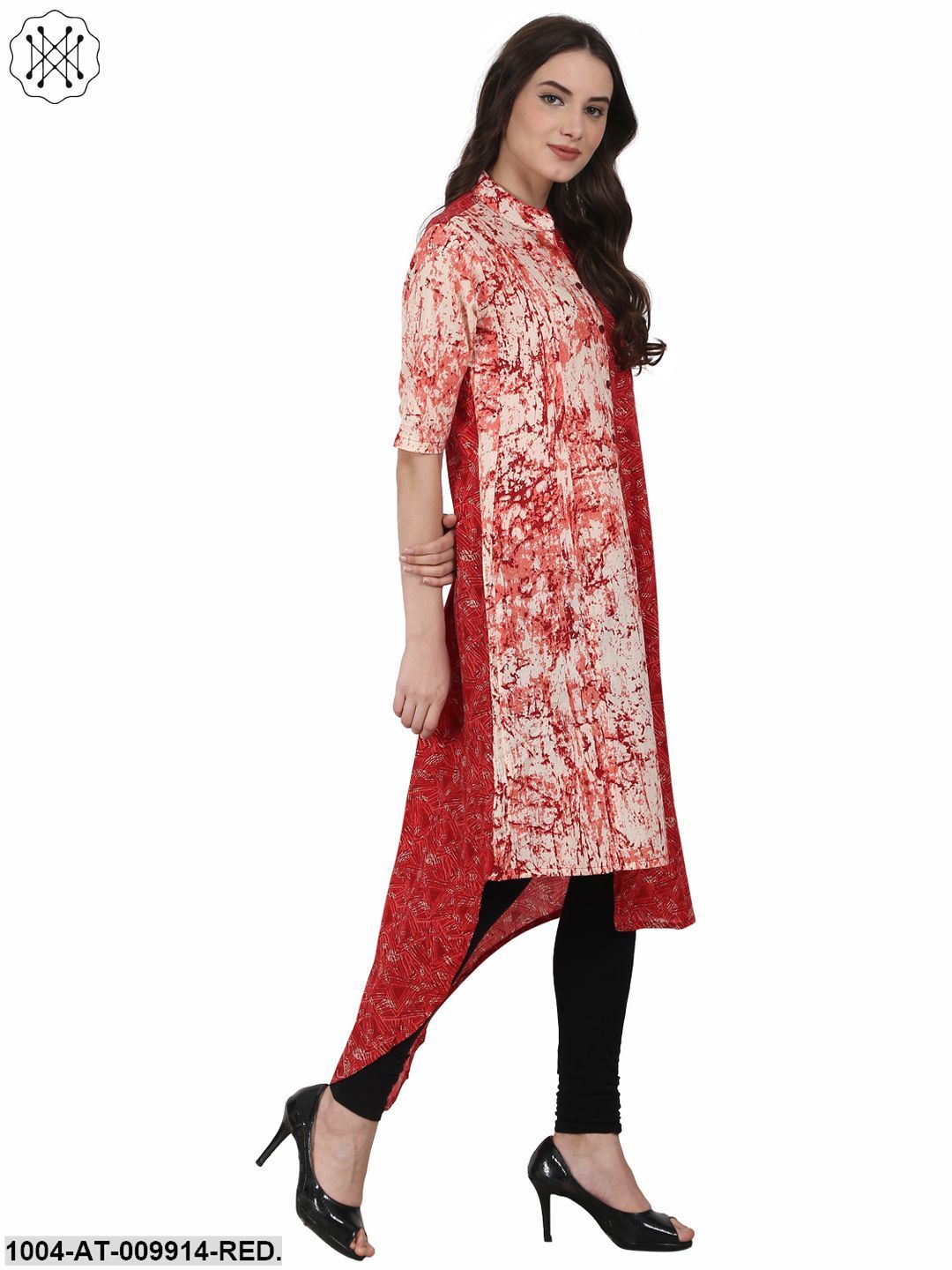 Red Printed Half Sleeve Low High Cotton Kurta
