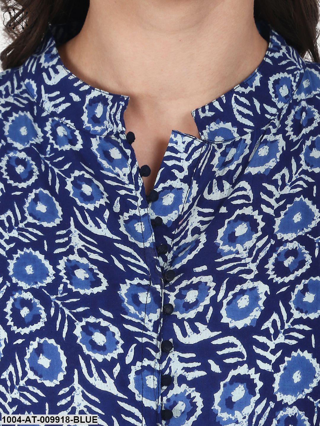 Blue Printed 3/4 Sleeve Cotton Assymetric Anarkali Kurta