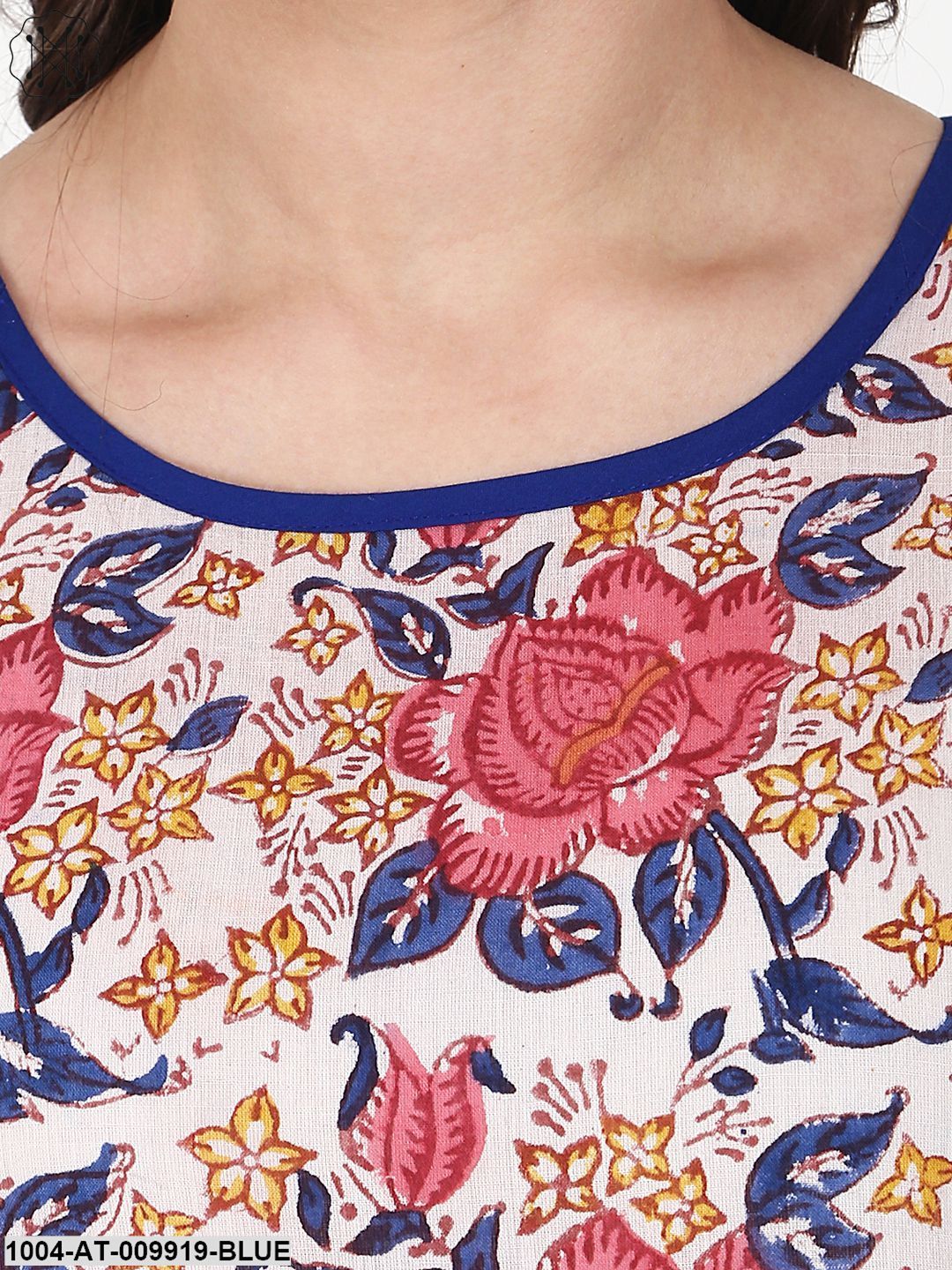 Blue Cap Sleeve Cotton Anarkali Kurta With Printed Yoke