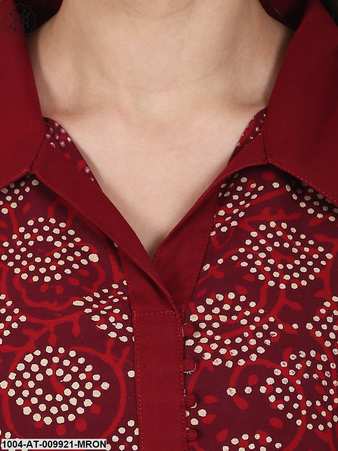 Maroon Printed Sleevless Assymetric Cotton A-Line Kurta