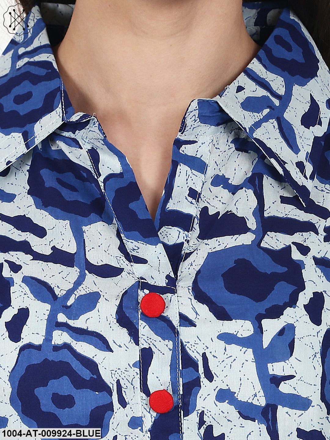 Blue Printed 3/4 Sleeve Long Cotton Kurta