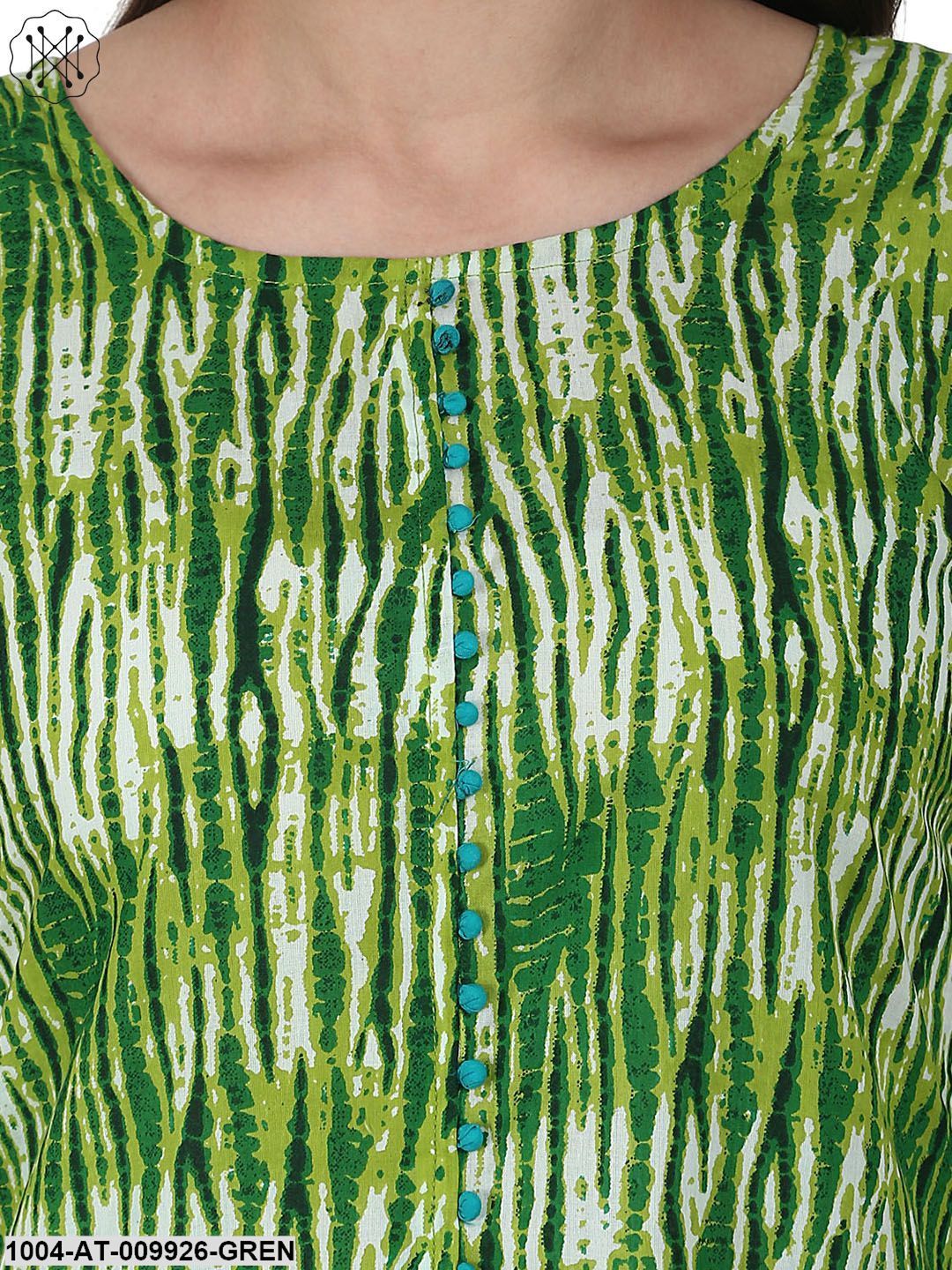 Green Printed 3/4 Sleeve Cotton A-Line Kurta