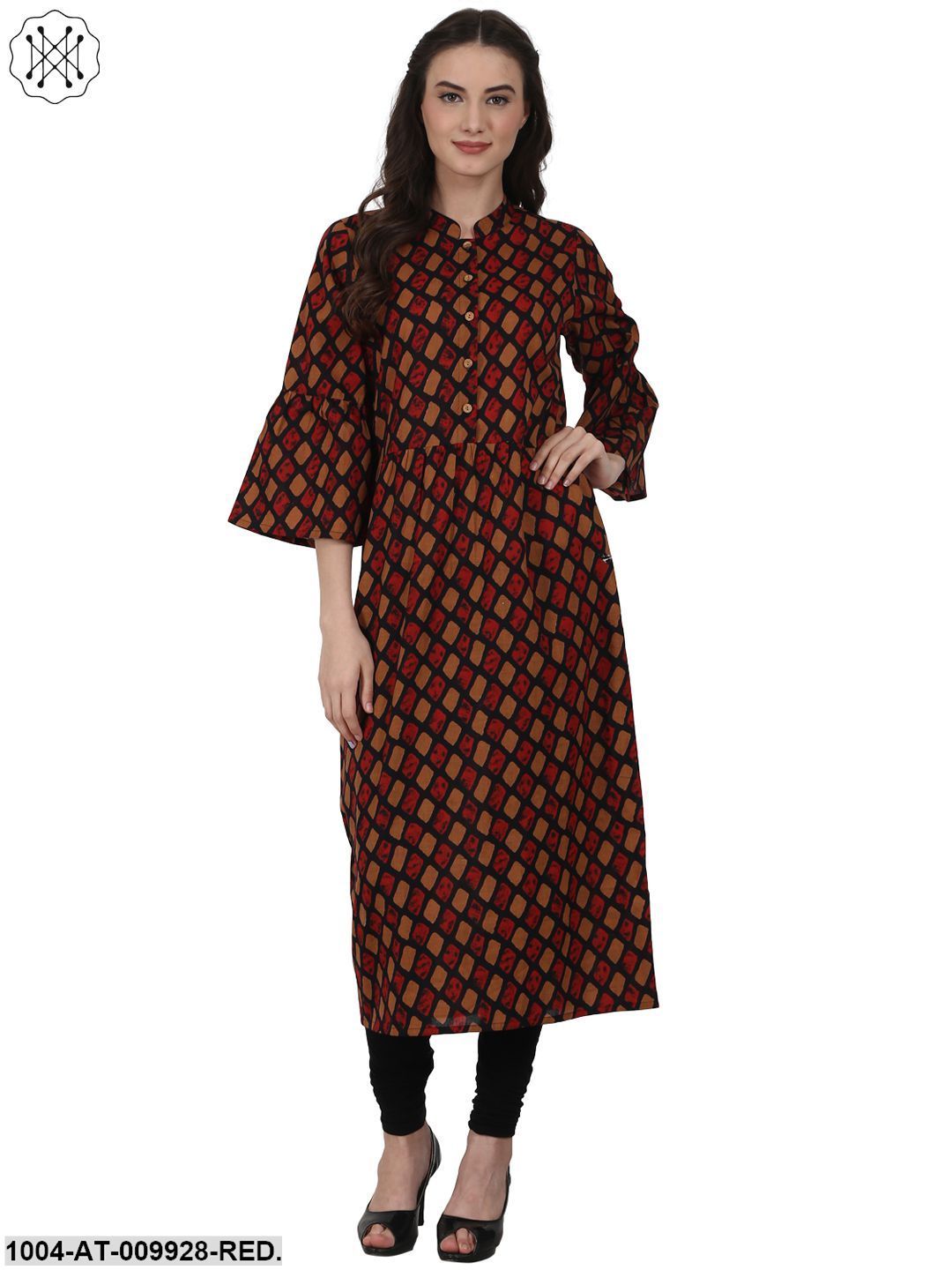 Red Printed 3/4 Sleeve Cotton Kurta