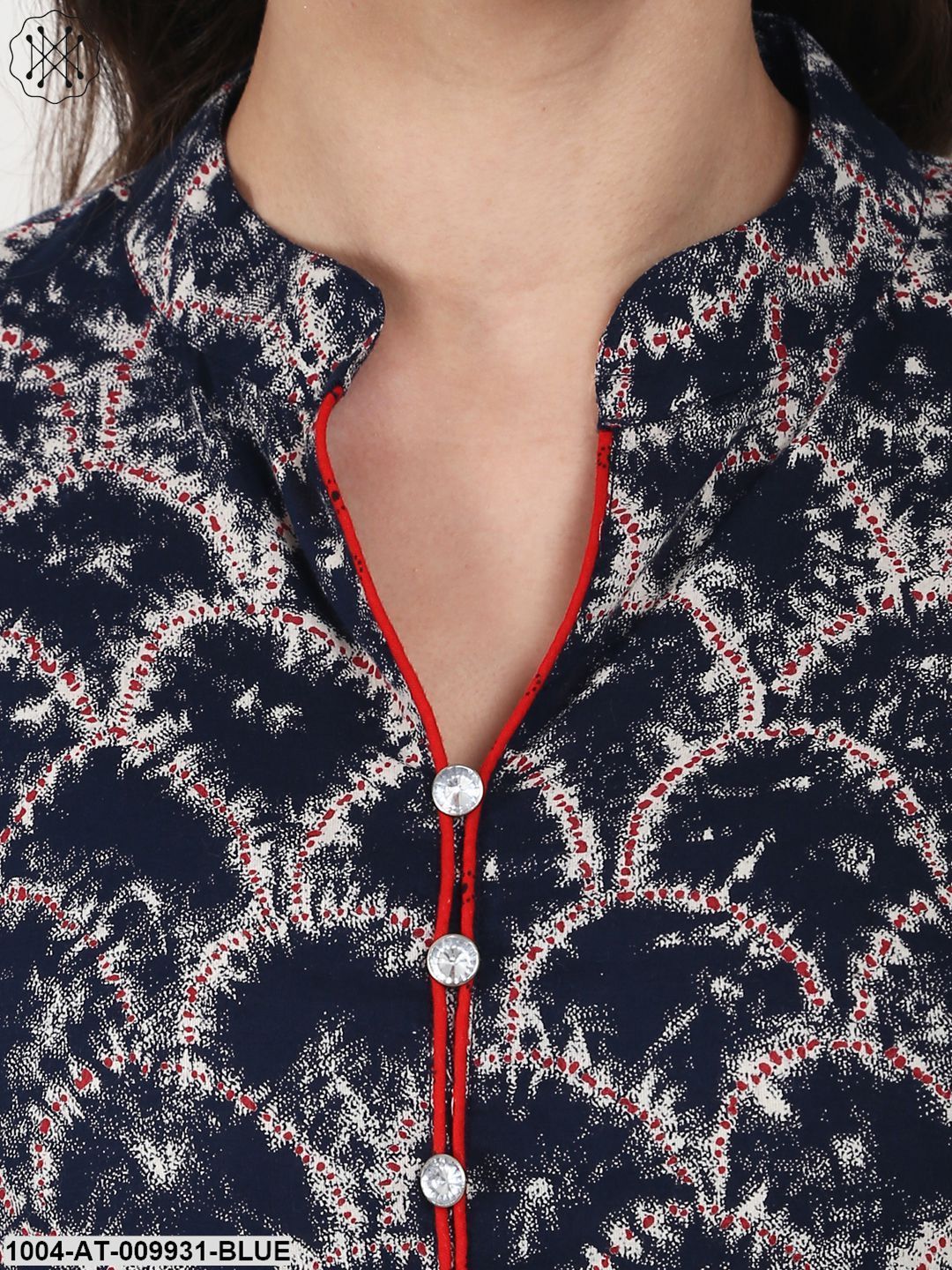 Blue Printed 3/4 Sleeve Double Layer Bottom Cut Cotton Kurta