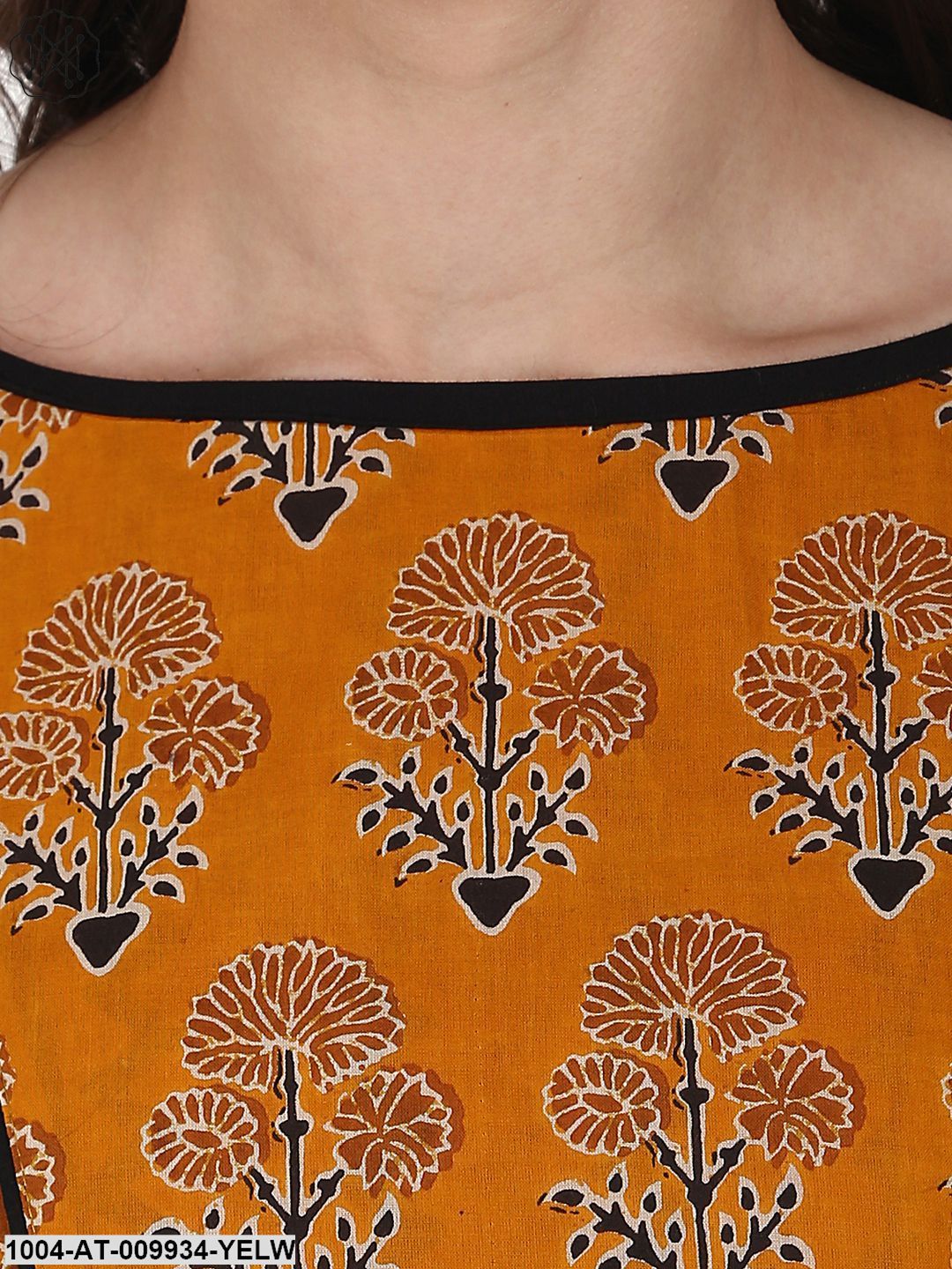 Yellow Printed 3/4 Sleeve Cotton A-Line Kurta