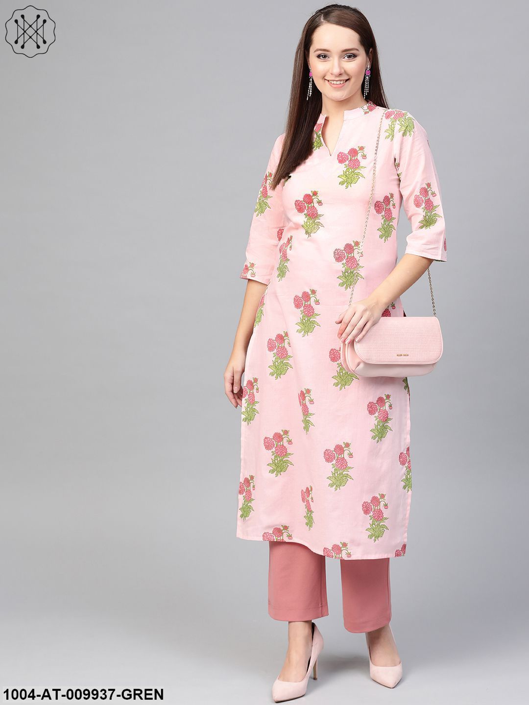 Women Pink & Green Cotton Straight Floral Printed Kurta