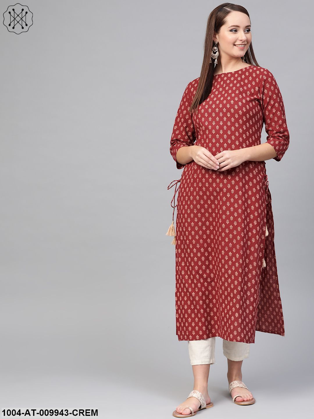 Women Maroon & Cream Cotton Straight Ethnic Motifs Printed Kurta