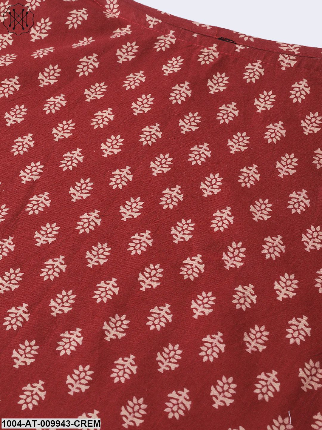 Women Maroon & Cream Cotton Straight Ethnic Motifs Printed Kurta