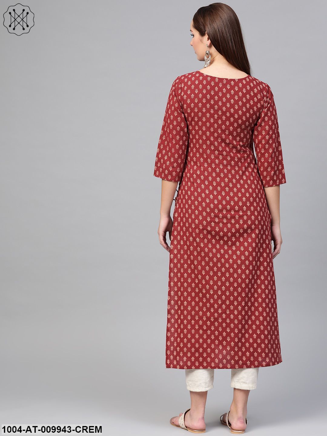 Women Maroon & Cream Cotton Straight Ethnic Motifs Printed Kurta