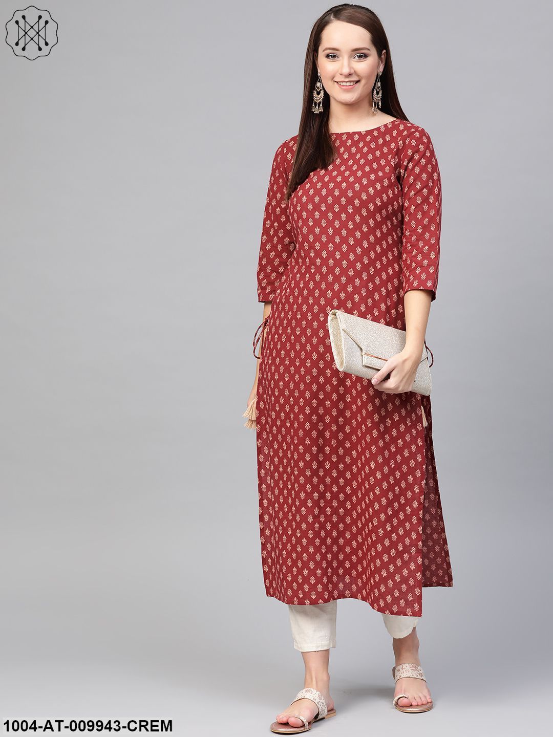 Women Maroon & Cream Cotton Straight Ethnic Motifs Printed Kurta