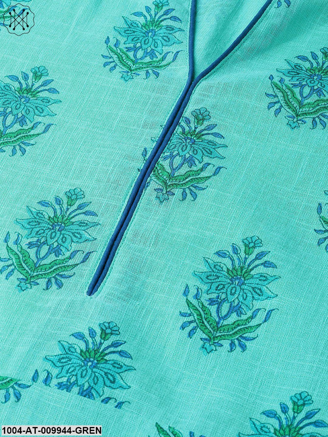 Women Blue & Green Cotton Straight Floral Printed Kurta