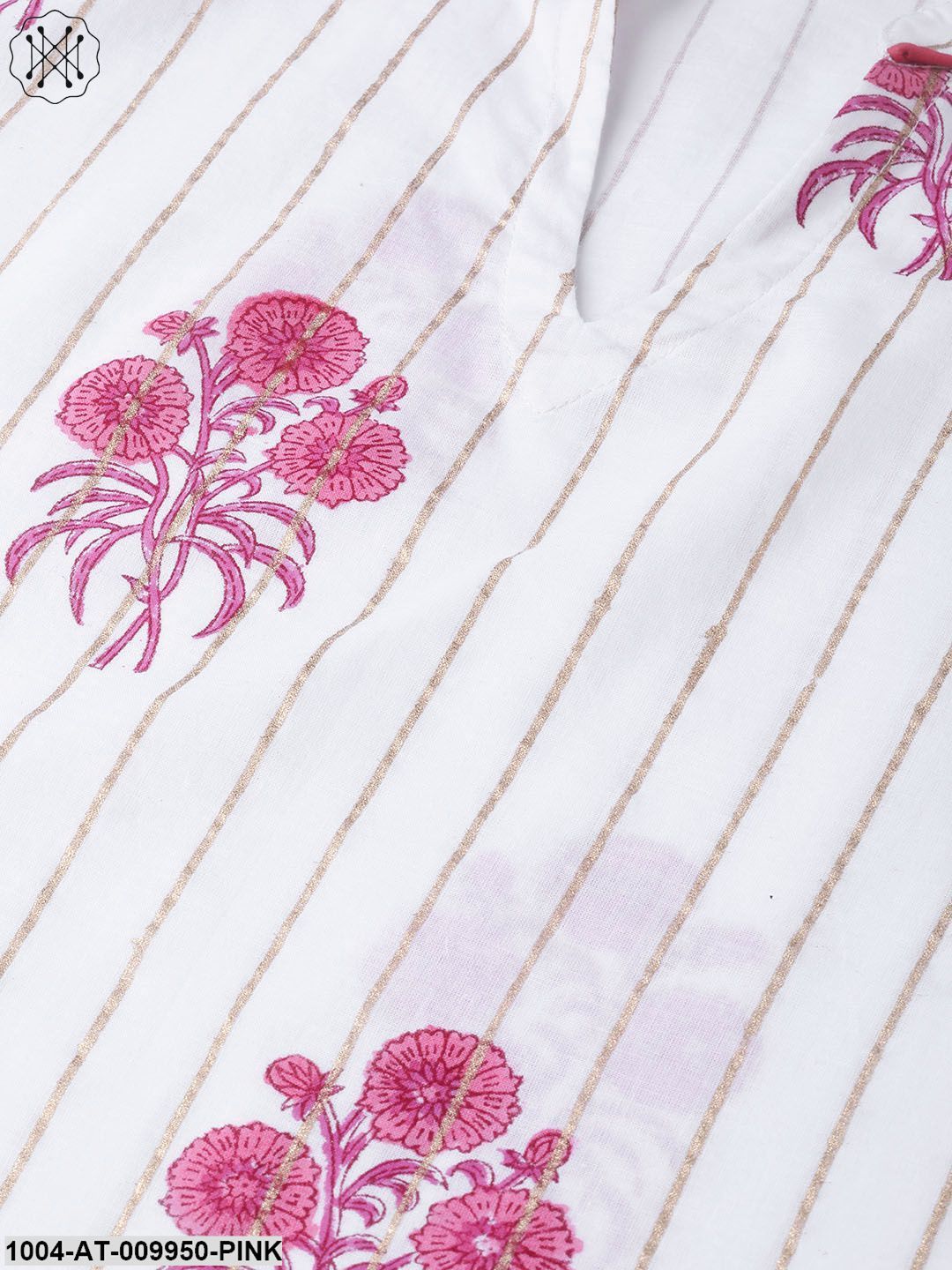 Women White & Pink Cotton Straight Floral Printed Kurta