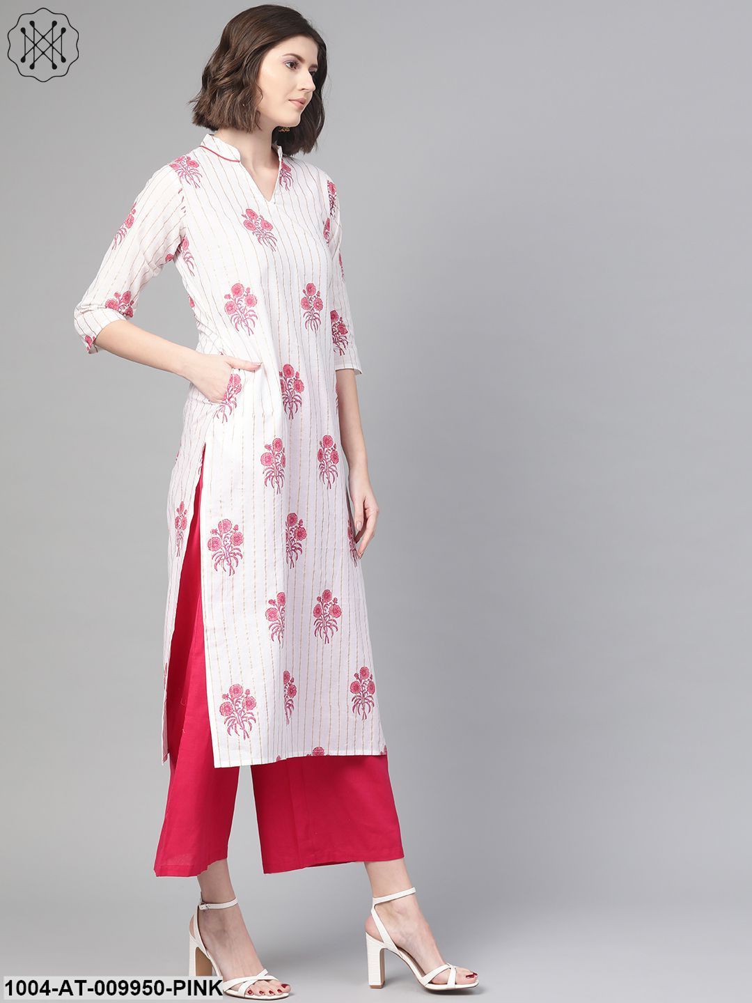 Women White & Pink Cotton Straight Floral Printed Kurta