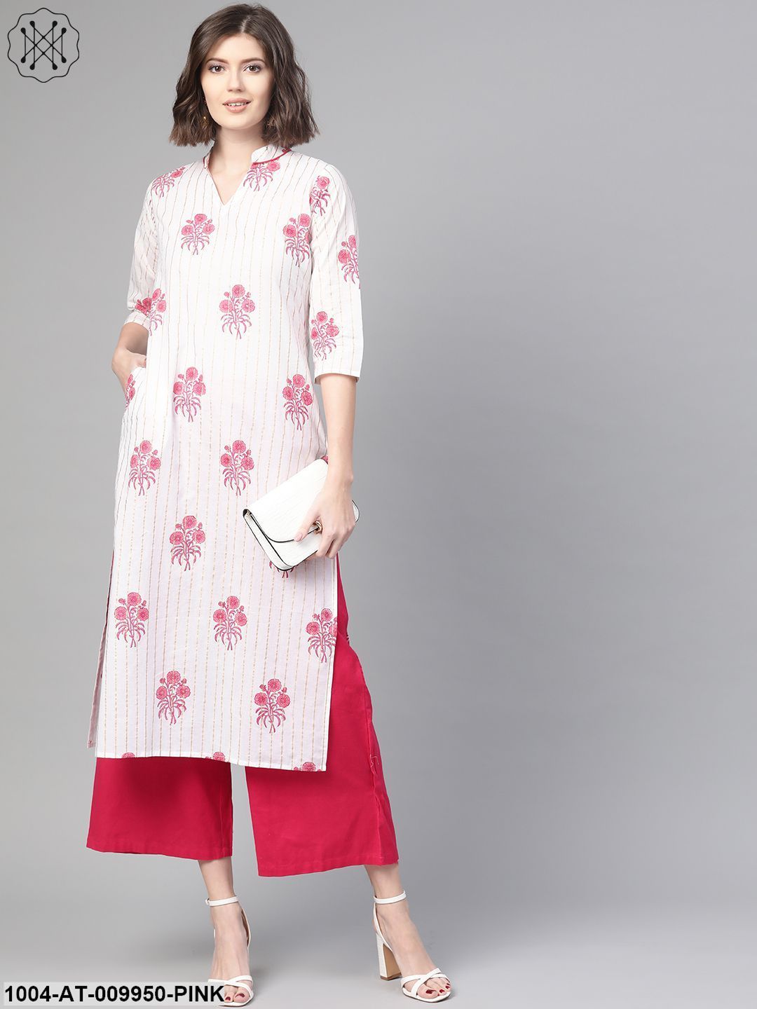 Women White & Pink Cotton Straight Floral Printed Kurta