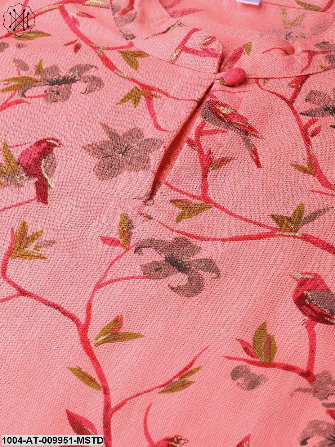 Women Pink & Mustard Cotton Straight Floral Printed Kurta