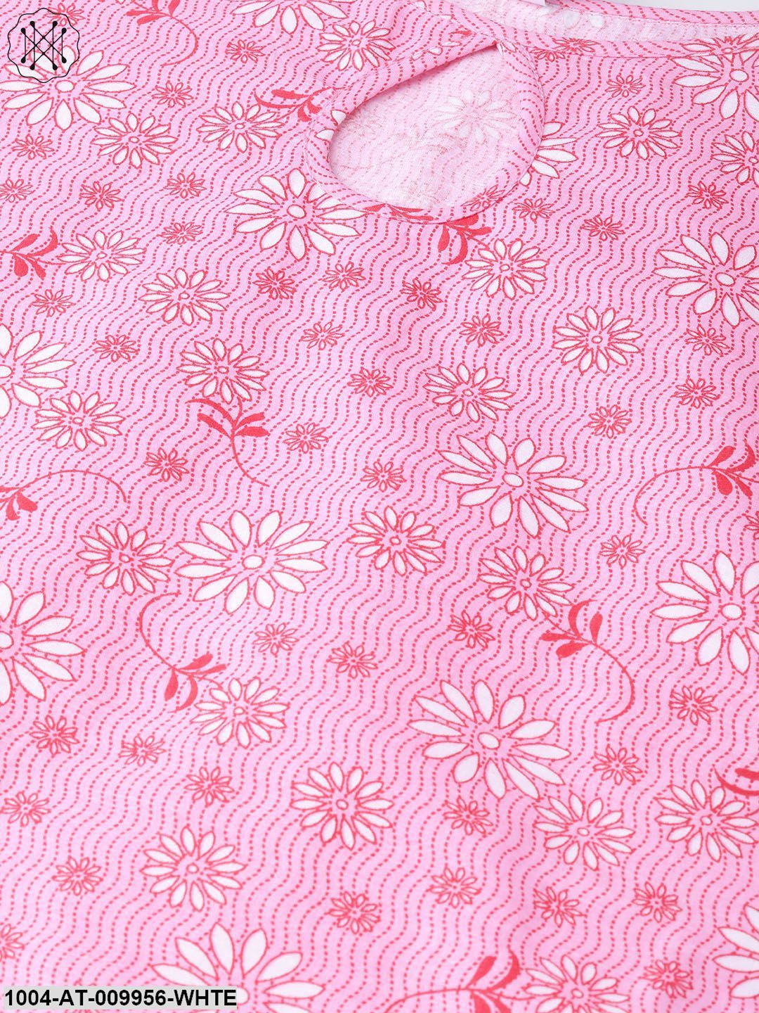 Women Pink & White Cotton Straight Floral Printed Kurta