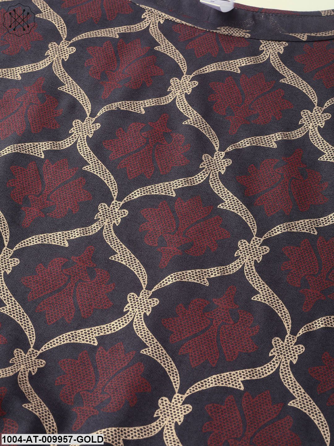 Women Olive & Gold Cotton Straight Geometric Printed Kurta