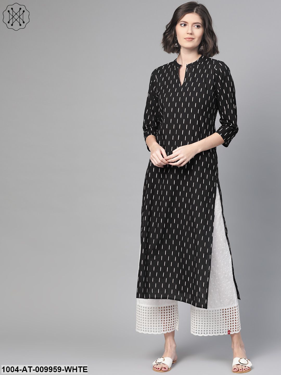 Women Black & White Cotton Straight Abstract Printed Kurta