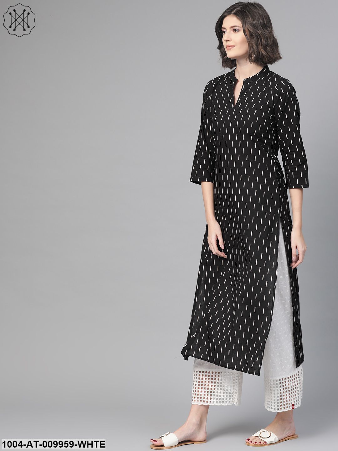 Women Black & White Cotton Straight Abstract Printed Kurta