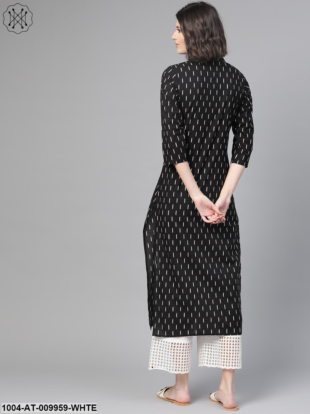 Women Black & White Cotton Straight Abstract Printed Kurta