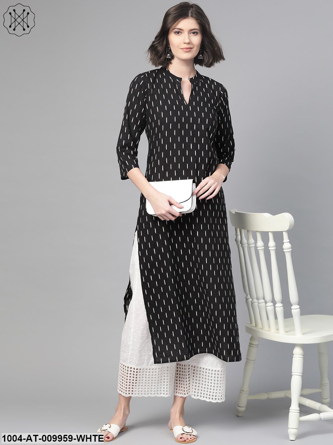 Women Black & White Cotton Straight Abstract Printed Kurta