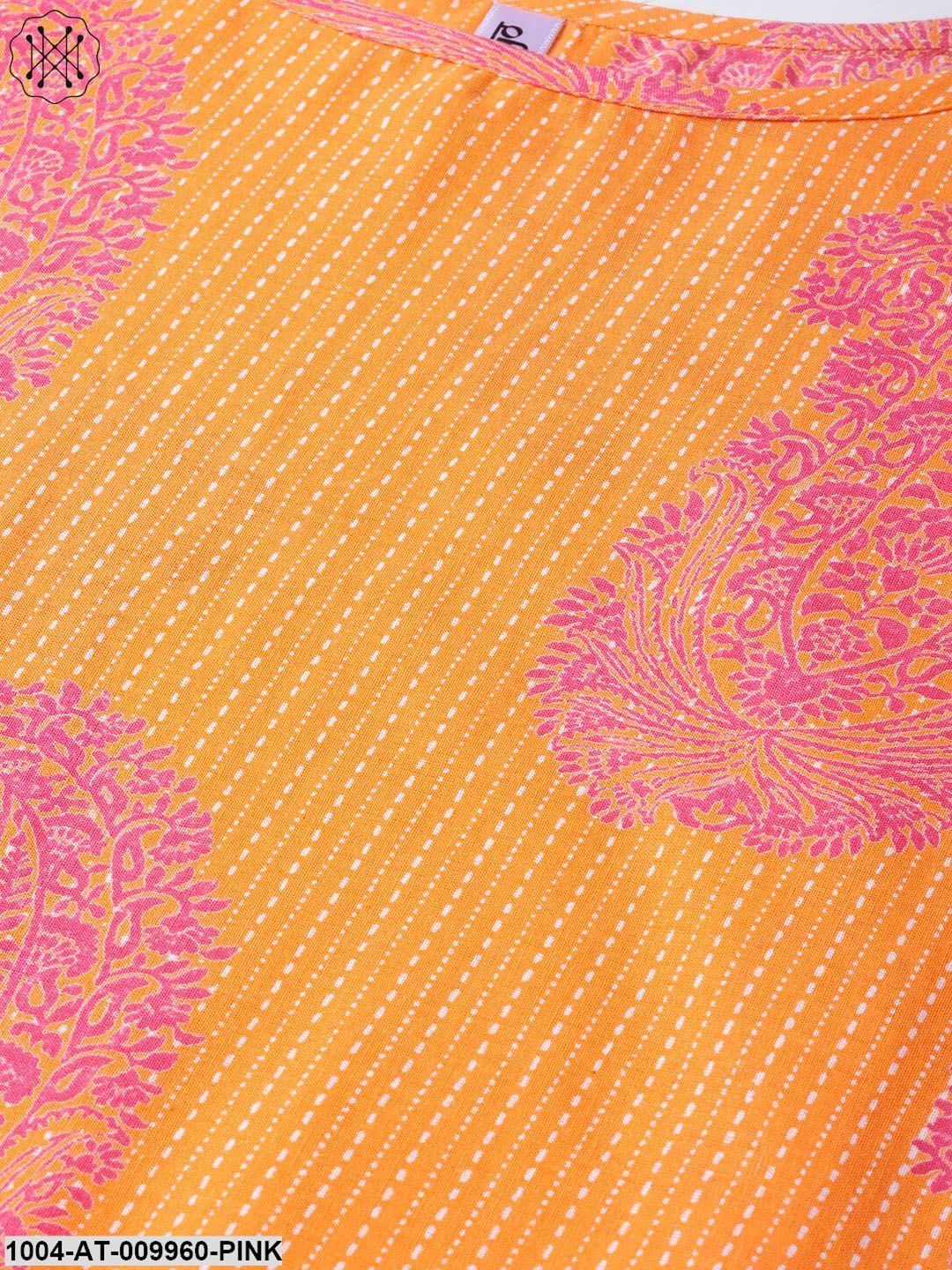 Women Orange & Pink Cotton Straight Paisley Printed Kurta