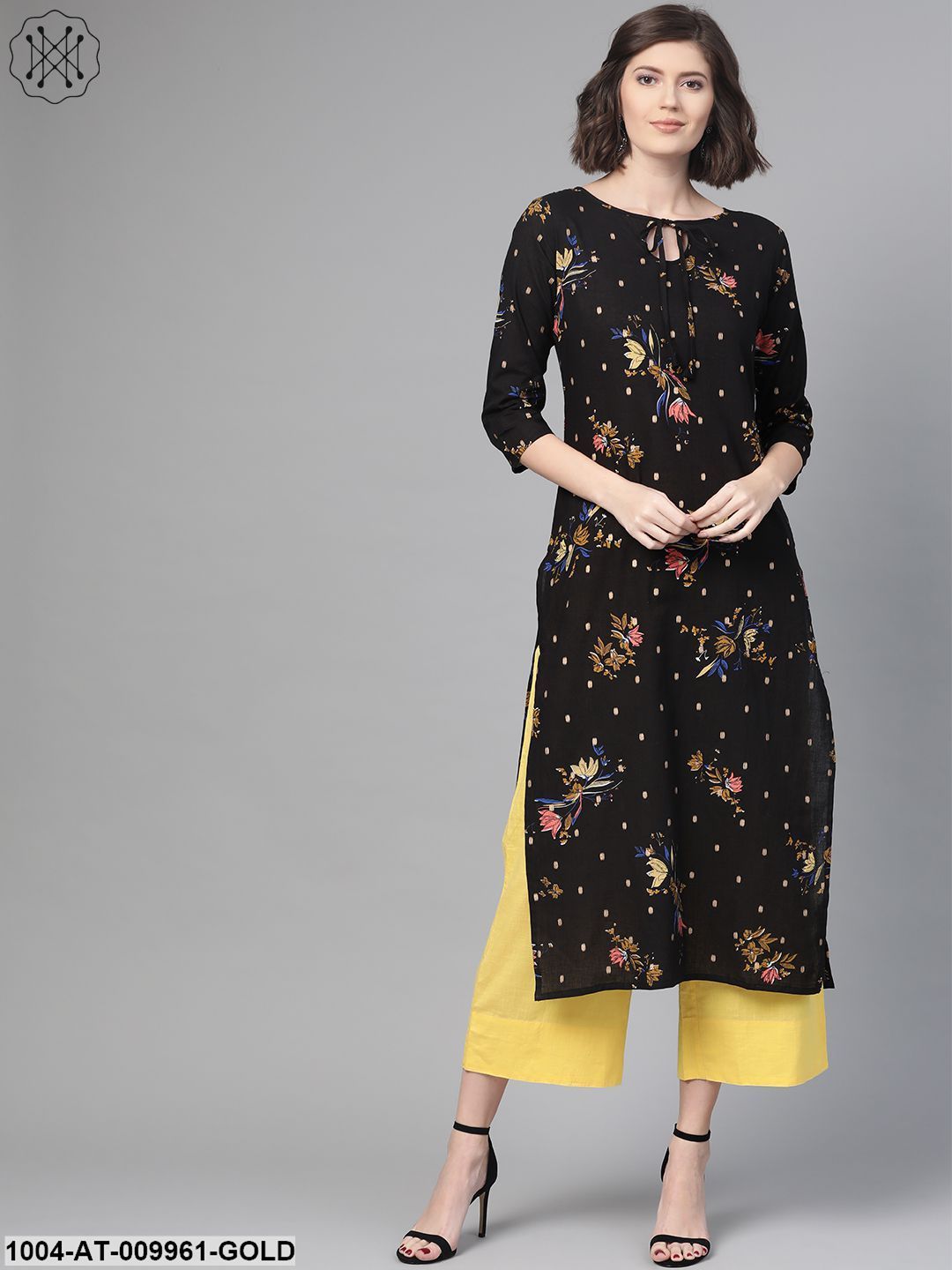 Women Black & Gold Cotton Straight Floral Printed Kurta