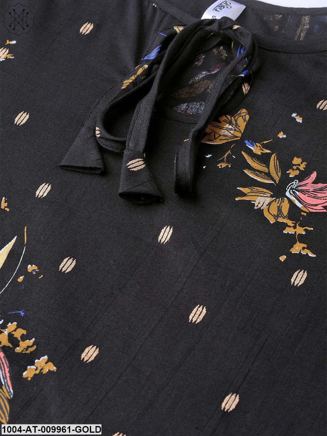 Women Black & Gold Cotton Straight Floral Printed Kurta
