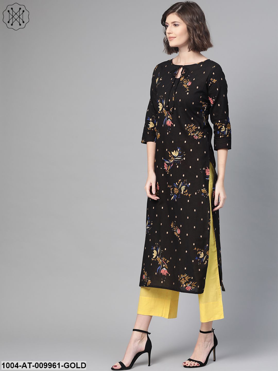 Women Black & Gold Cotton Straight Floral Printed Kurta