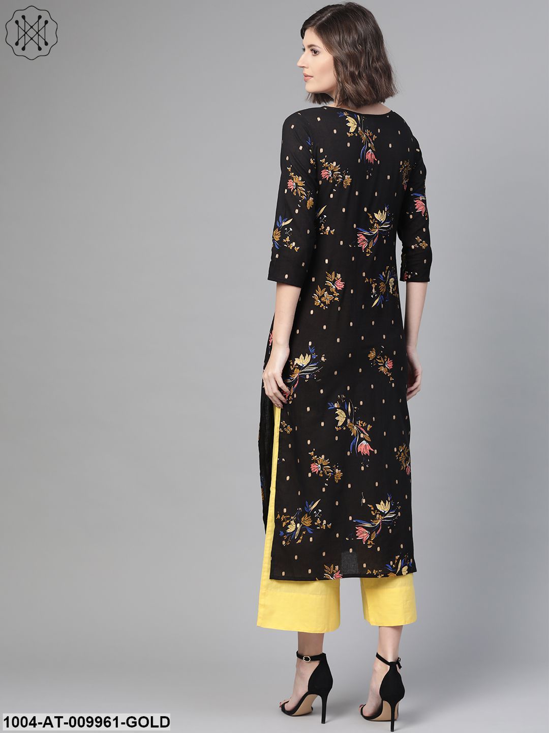 Women Black & Gold Cotton Straight Floral Printed Kurta
