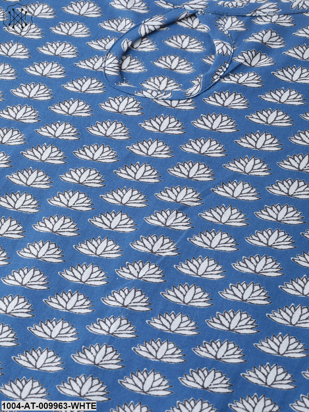 Women Blue & White Cotton Straight Floral Printed Kurta