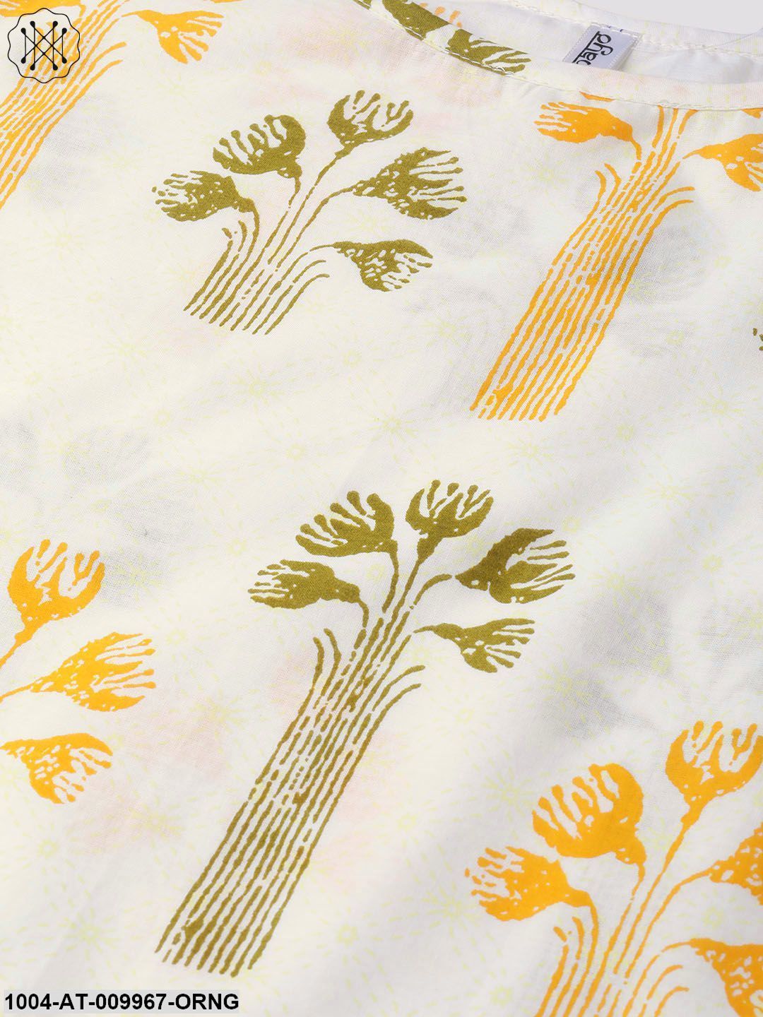 Women White & Orange Cotton Straight Floral Printed Kurta