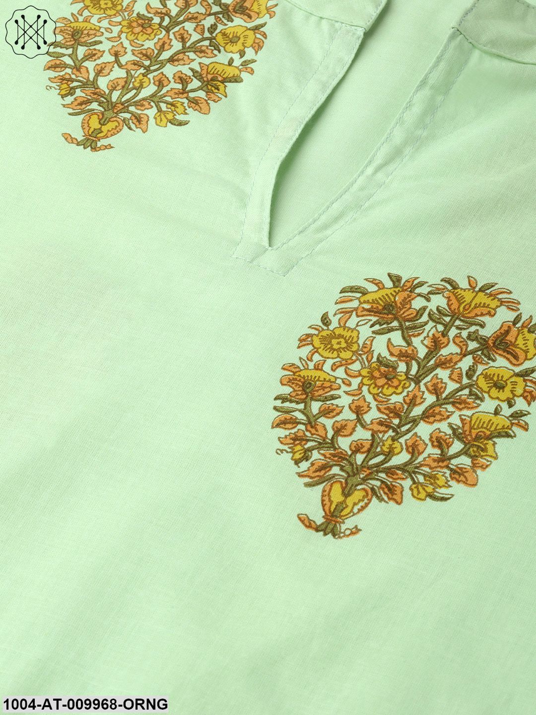 Women Green & Orange Cotton Straight Floral Printed Kurta