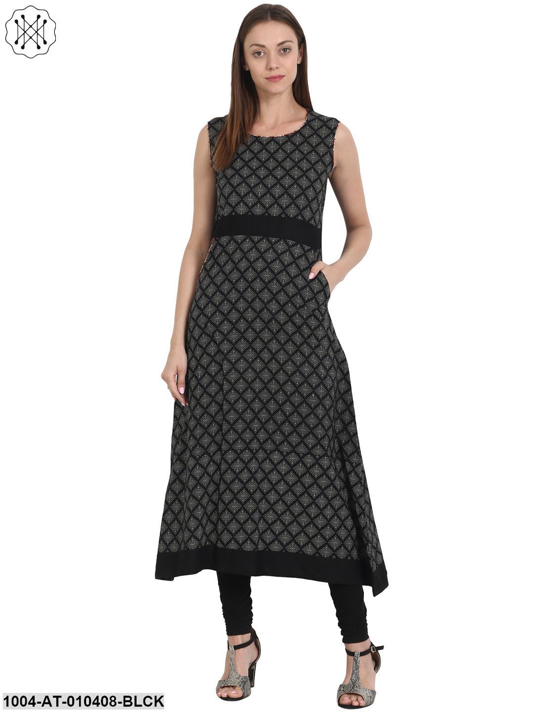 Women Printed Black Sleeveless Round Neck Cotton Straight Kurta