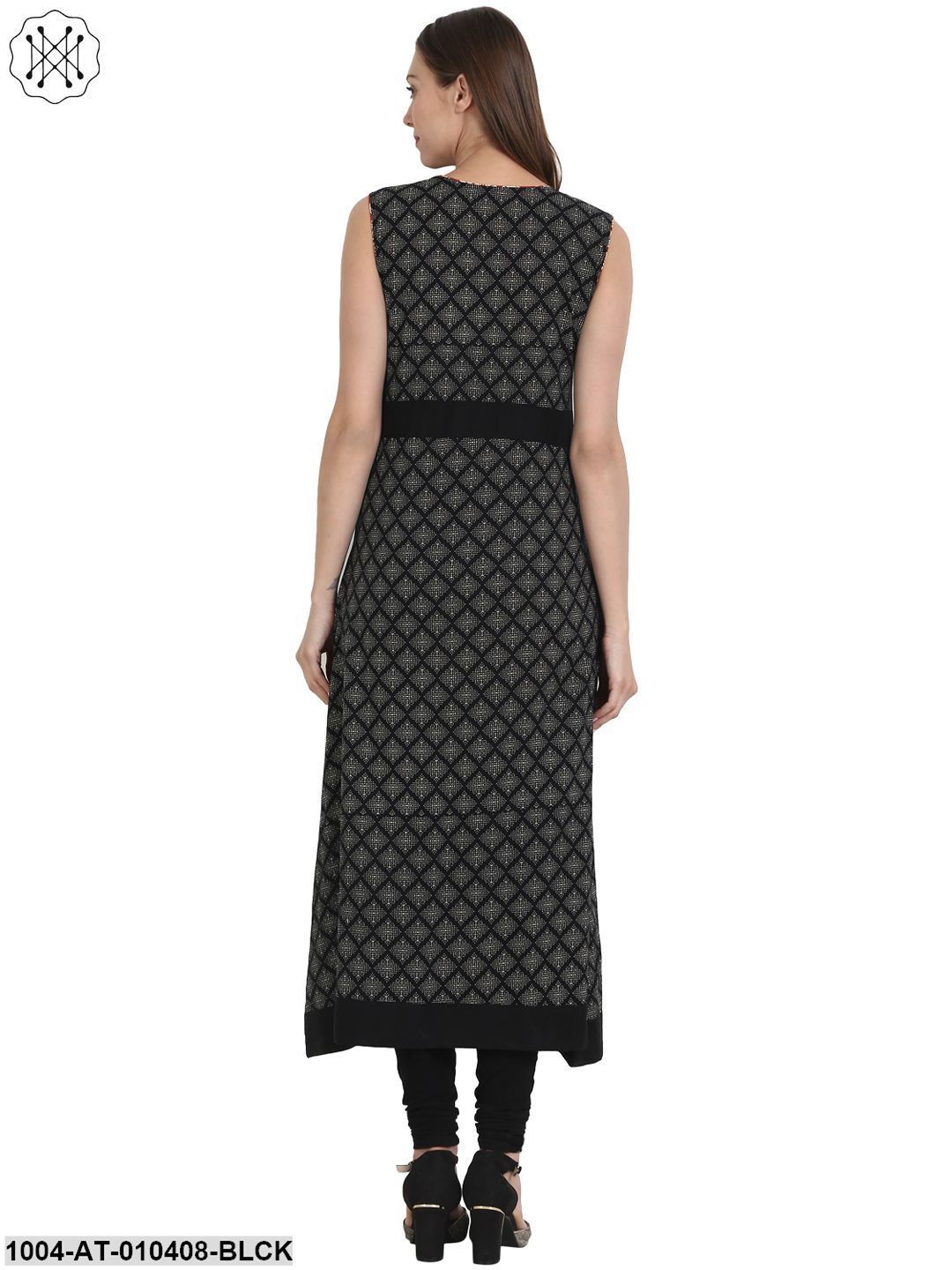 Women Printed Black Sleeveless Round Neck Cotton Straight Kurta