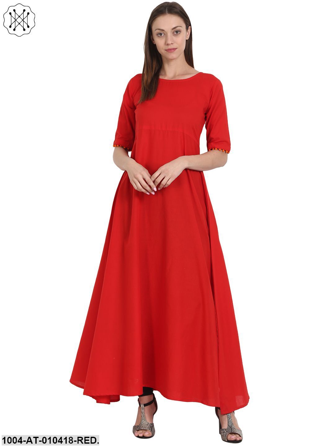 Women Solid Red Short Sleeves Round Neck Cotton A-Line Kurta