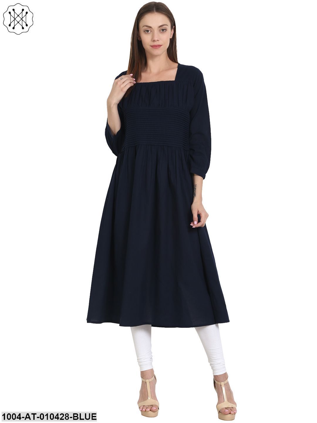 Women Printed Blue Three-Quarter Sleeves Square Neck Cotton Anarkali Kurta