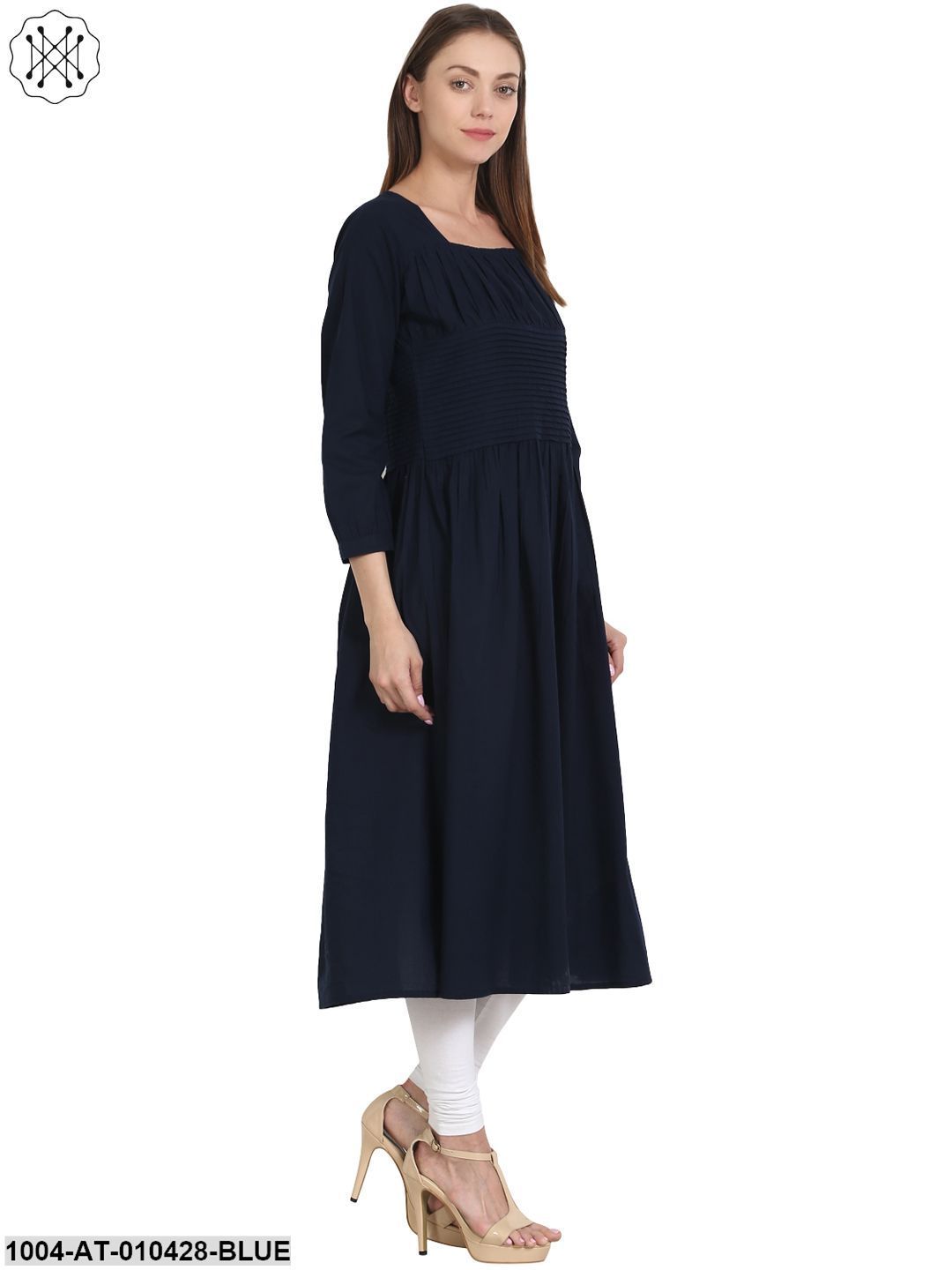 Women Printed Blue Three-Quarter Sleeves Square Neck Cotton Anarkali Kurta