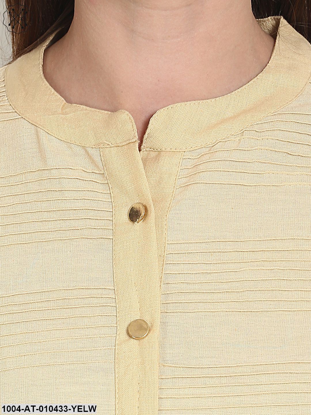 Women Solid Yellow Three-Quarter Sleeves Mandarin Collar Cotton Straight Kurta