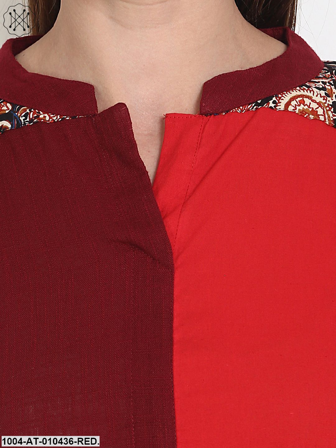 Women Solid Red Three-Quarter Sleeves Mandarin Collar Cotton Anarkali Kurta