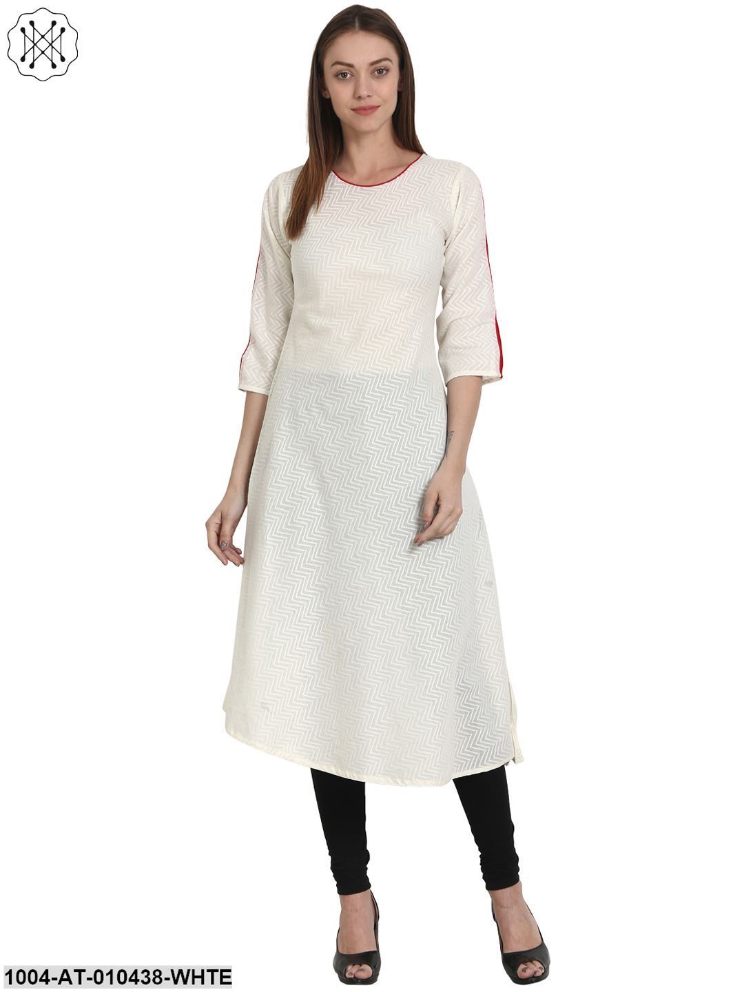 Women Solid White Three-Quarter Sleeves Round Neck Cotton A-Line Kurta