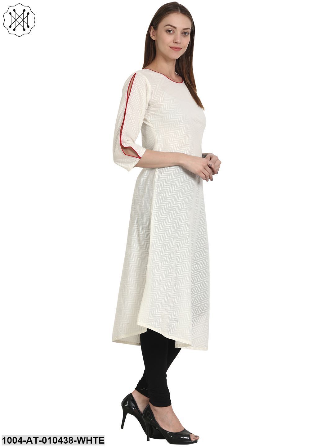 Women Solid White Three-Quarter Sleeves Round Neck Cotton A-Line Kurta
